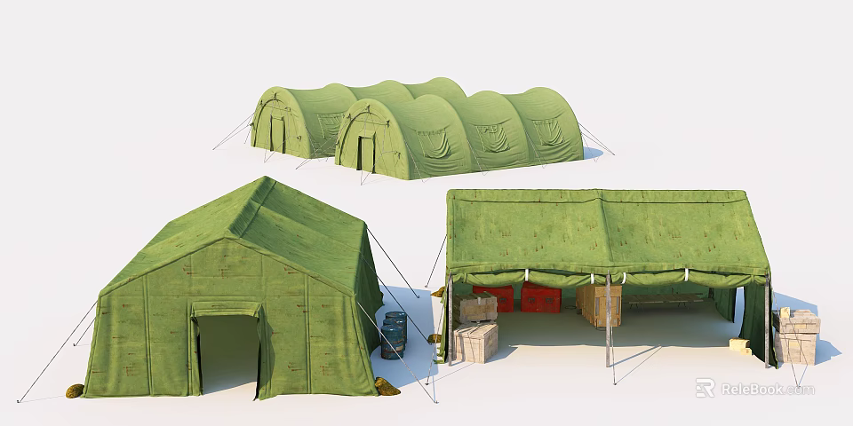 Green Camping Tents With Multiple Structures And Storage Boxes Setup 3d model 