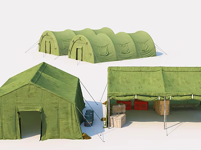 Green Camping Tents With Multiple Structures And Storage Boxes Setup 3d model