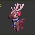 Cute Cartoon Reindeer Character Wearing Red Headphones Blue And White Striped Scarf With Brown Bag