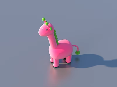 Cute Pink Giraffe Stuffed Toy with Green Horns and Tail Tip on Gray Background 3d model