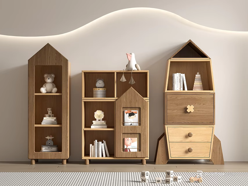 Kids Wooden Bookcases With House Shaped Design Decorative Items And Books 3d model 