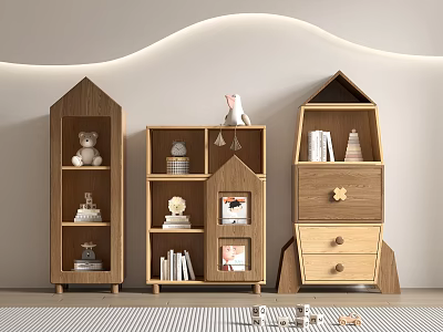 Kids Wooden Bookcases With House Shaped Design Decorative Items And Books 3d model