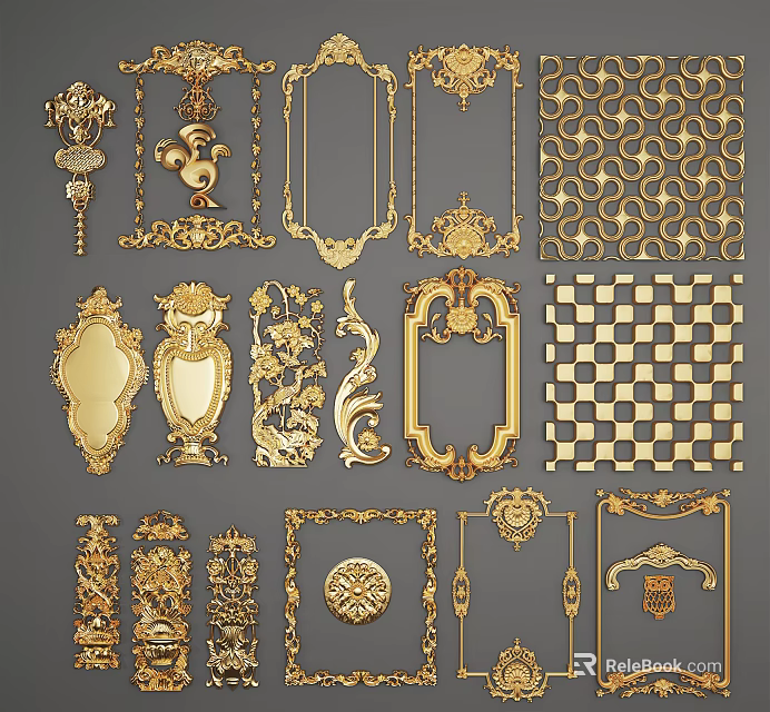 Golden Intricate Carvings Decorative Designs With Ornate Frames And Various Patterns 3d model 