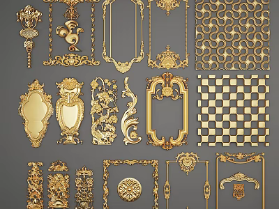 Golden Intricate Carvings Decorative Designs With Ornate Frames And Various Patterns 3d model