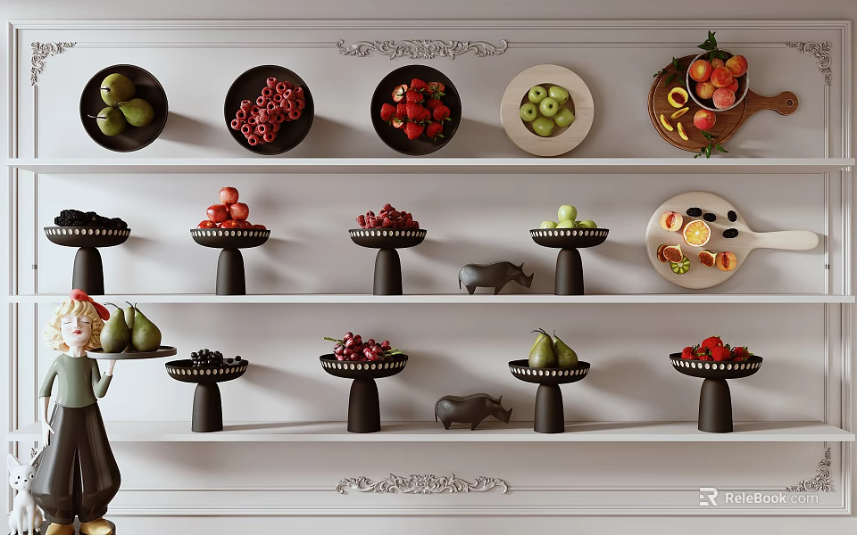 Various Fresh Fruits on Black Base Trays and Platters on White Shelves with Decorations 3d model 