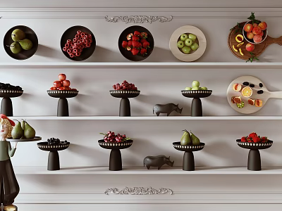 Various Fresh Fruits on Black Base Trays and Platters on White Shelves with Decorations 3d model
