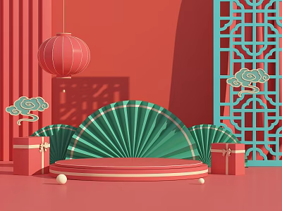 Chinese Style Display Platform With Red Lantern Green Fans And Gift Boxes Blue Lattice Screen 3d model