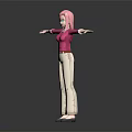 Pink Haired Blue Eyed Character in Pink Shirt Beige Pants Arms Outstretched on Gray Background