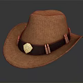 Brown Wide Brim Hat With Dark Leather Band Gold Badge And Metal Accents