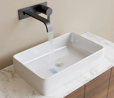 White Countertop Washbasin With Black Wall Mounted Faucet And Marble Surface 3d model