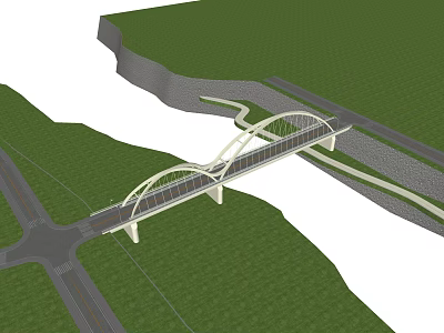 Modern Curved Arch Bridge Design With Green Grass Valley And Road Links 3d model