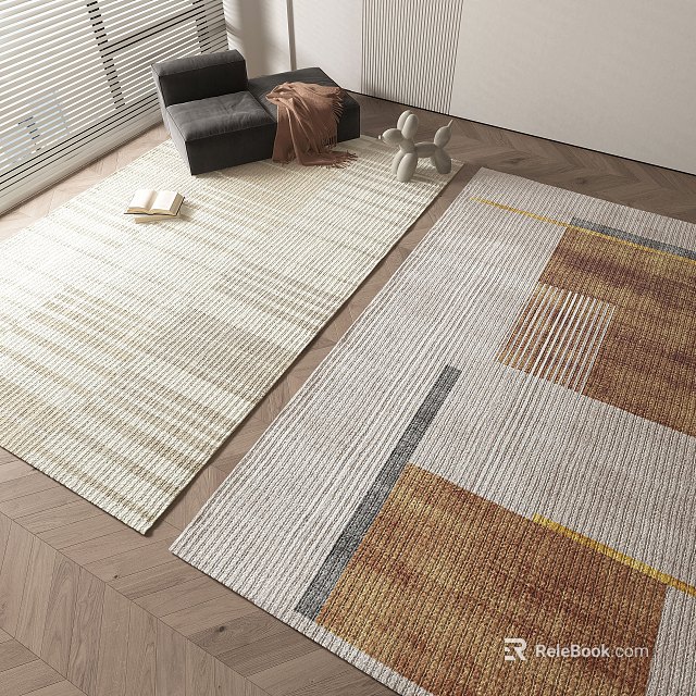 Stylish Square Rugs Featuring Light Striped and Geometric Patterns in Living Room 3d model 