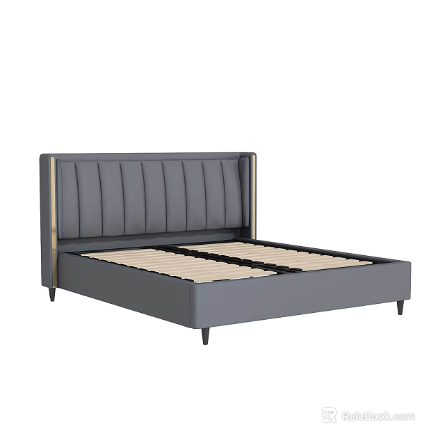 Modern Double Bed With Gray Vertical Tufted Headboard And Golden Trim Wooden Slats 3d model 