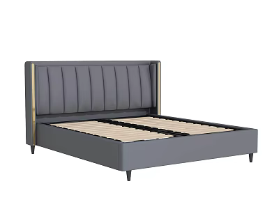 Modern Double Bed With Gray Vertical Tufted Headboard And Golden Trim Wooden Slats 3d model