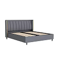 Modern Double Bed With Gray Vertical Tufted Headboard And Golden Trim Wooden Slats
