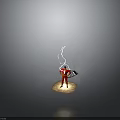 Red Clad Figure Standing On Small Platform With Smoke Lightning Above Holding Shield