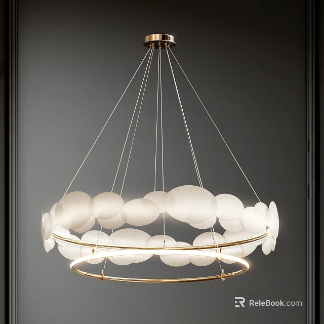 Modern Chandelier With White Circular Shades And Gold Metal Rings Hanging In Dark Interior 3d model 