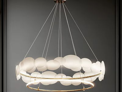 Modern Chandelier With White Circular Shades And Gold Metal Rings Hanging In Dark Interior 3d model