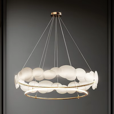 Modern Chandelier With White Circular Shades And Gold Metal Rings Hanging In Dark Interior 3d model