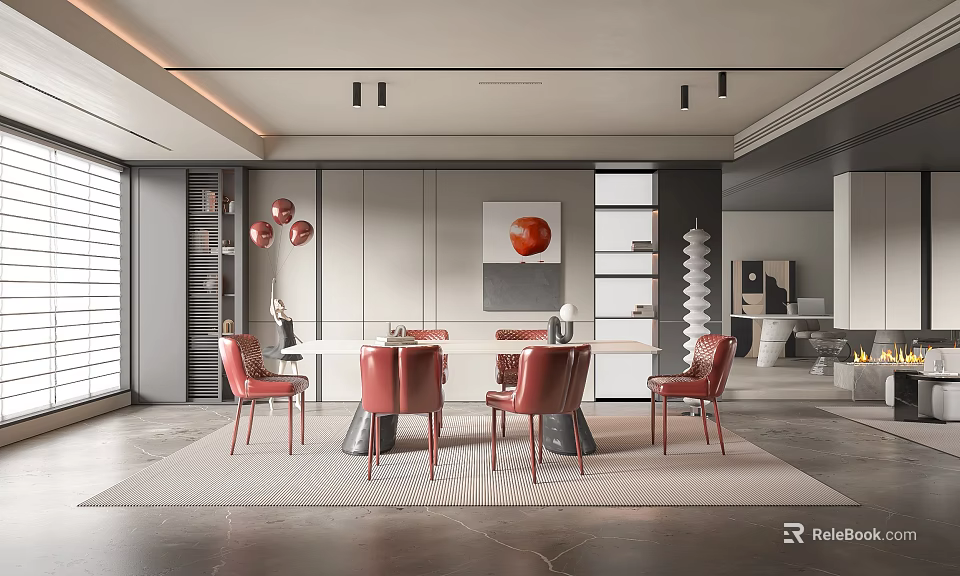 Elegant Modern Restaurant Interior With Red Chairs Round Dining Table And Artwork On Gray Walls 3d model 
