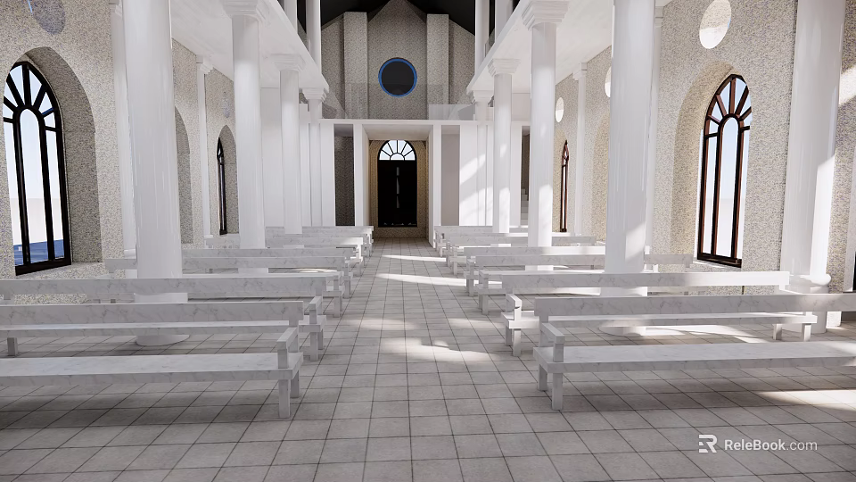 Serene Religious Church Interior With White Columns Benches And Round Windows 3d model 