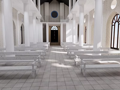 Serene Religious Church Interior With White Columns Benches And Round Windows 3d model
