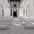 Serene Religious Church Interior With White Columns Benches And Round Windows