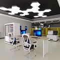 Modern Office Interior Featuring Two Desks Computers White Black Chairs Hexagonal Pendant Lights 3d model