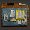 Brick Wall Mounted Blue Bulletin Board With Calendar Papers And Push Pins
