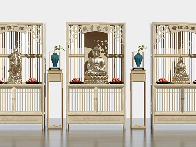 Three Traditional Chinese Wooden Buddhist Shrine Cabinets With Openwork Design And Buddha Statues 3d model