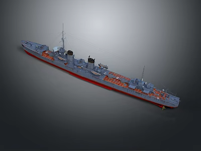 Gray And Red Warship Model With Deck Chimney And Mast Structures 3d model