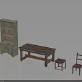 Vintage Green Shelf Wooden Dining Table Small Stool And Wooden Chair Furniture Collection