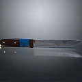 Professional Chef Knife with Silver Blade Brown Blue Handle on Gray Background Flat Surface Reflection