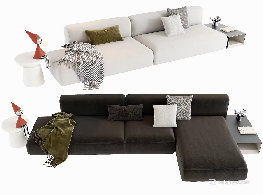 White And Dark Brown Three-Seater Sofas With Multiple Cushions Blankets Side Tables And Decorative Items 3d model 