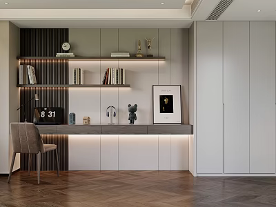 Modern Home Office Bookcase With Books Trophies Table Lamp And Wooden Floor 3d model
