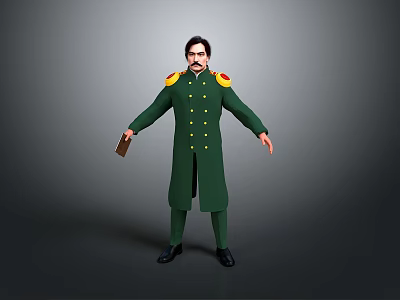 3D Character Model In Green Uniform With Yellow Buttons And Shoulder Badges Holding Brown Item 3d model