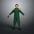 3D Character Model In Green Uniform With Yellow Buttons And Shoulder Badges Holding Brown Item