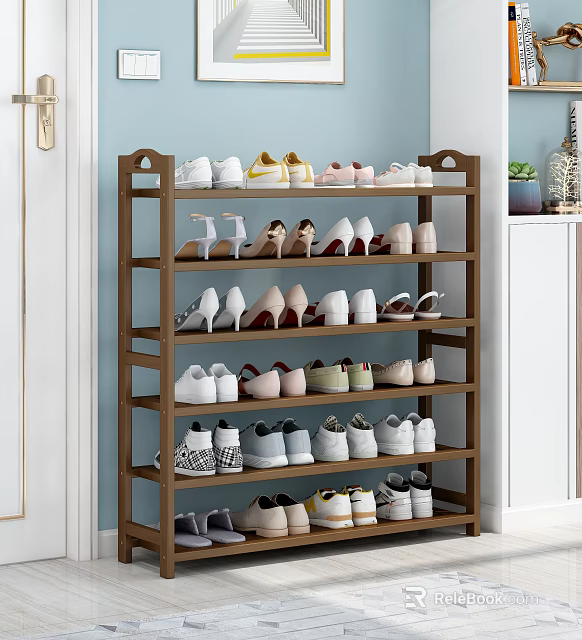 Different Types of Shoes Neatly Arranged on Wooden Multi Layer Shoe Rack in Home Interior 3d model 