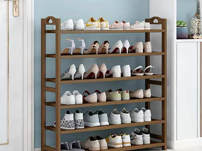 Different Types of Shoes Neatly Arranged on Wooden Multi Layer Shoe Rack in Home Interior 3d model