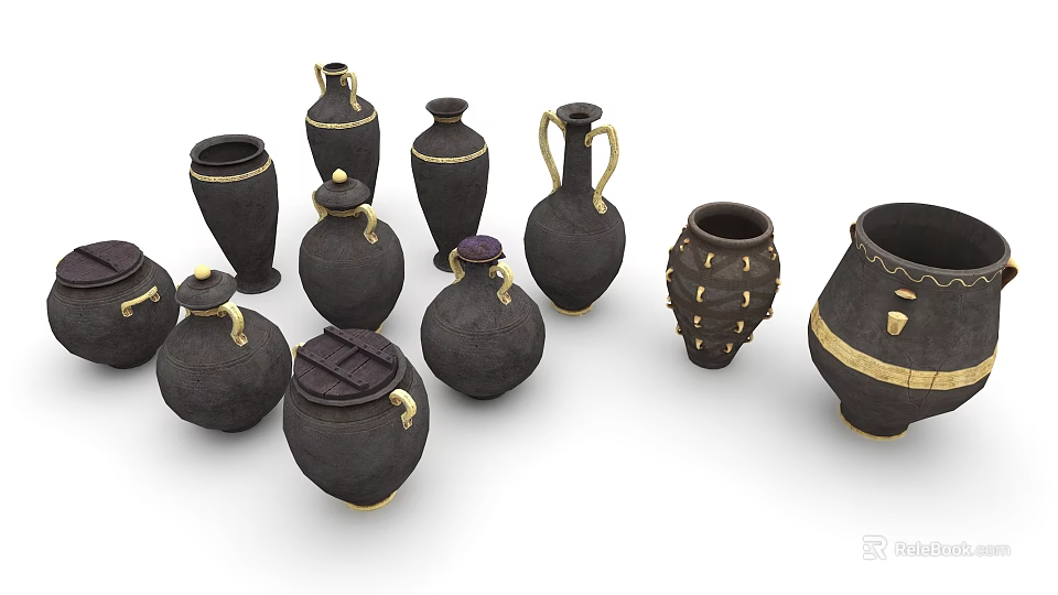 Black Ceramic Vases And Jars As Decorative Household Items With Gold Accents 3d model 