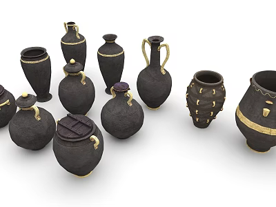 Black Ceramic Vases And Jars As Decorative Household Items With Gold Accents 3d model