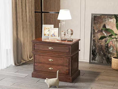 Vintage Wooden Bedside Table With Drawers Table Lamp Photo Frames Globe And Cat Figurine 3d model