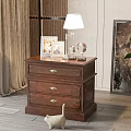 Vintage Wooden Bedside Table With Drawers Table Lamp Photo Frames Globe And Cat Figurine