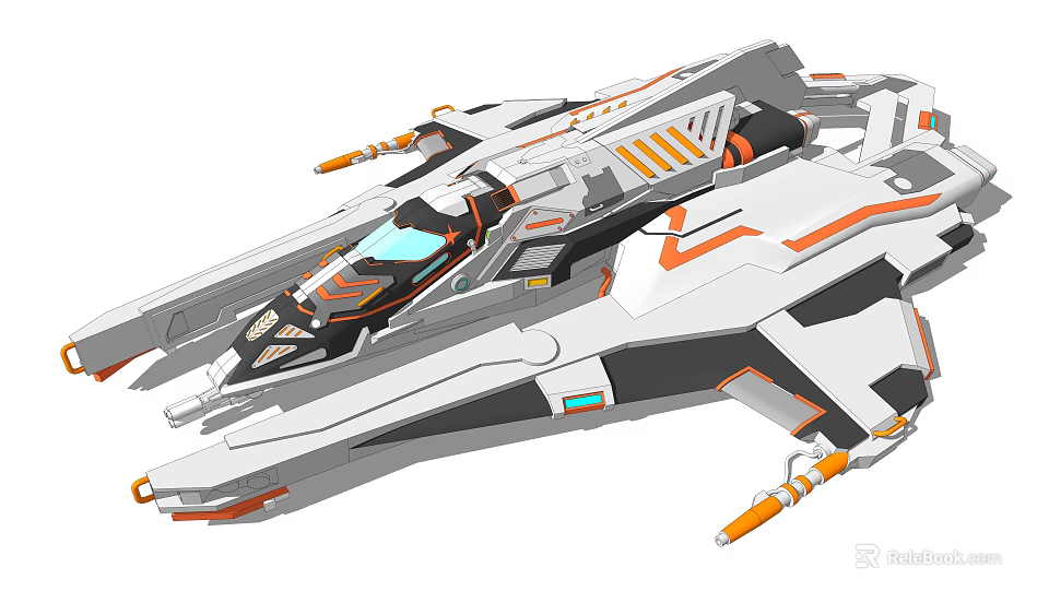 Sci Fi Spaceship 3D Model With White Gray Orange Streamlined Design And Engines 3d model 