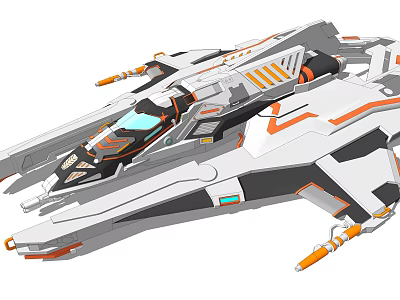 Sci Fi Spaceship 3D Model With White Gray Orange Streamlined Design And Engines 3d model