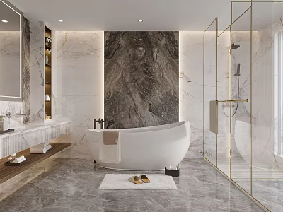 Modern Luxury Bathroom With Marble Wall Freestanding Bathtub And Glass Shower Enclosure 3d model
