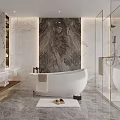 Modern Luxury Bathroom With Marble Wall Freestanding Bathtub And Glass Shower Enclosure