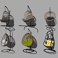 Garden Decorative Hanging Rattan Chairs With Colorful Cushions And Metal Stands