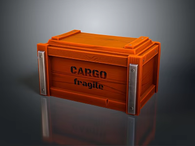Orange Wooden Cargo Box With CARGO Fragile Label And Metal Corner Reinforcements 3d model