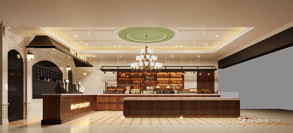Mall Bakery Shop With Elegant Wooden Counters Chandelier And Bread Display Shelves 3d model 